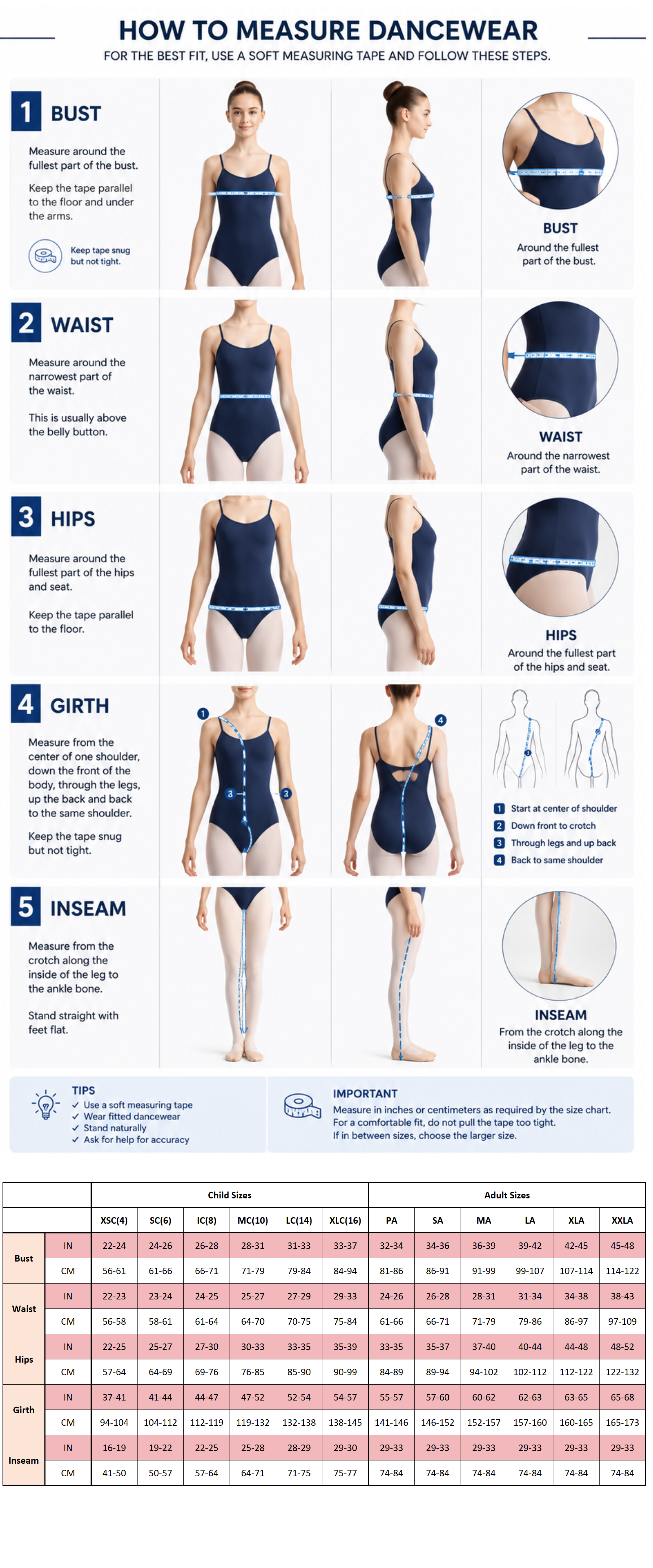 How to measure bust, waist, hips, girth and inseam with a soft measuring tape.